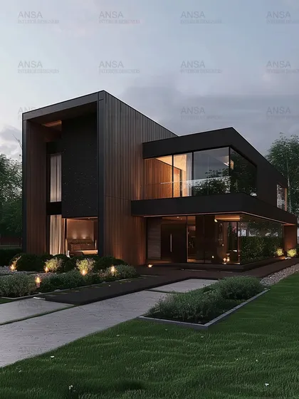 This modern home facade combines the strength of black volumes with the organic warmth of wood paneling. The design creates a beautiful interplay of light and shadow, while the large glass panels blur the line between the stylish interiors and the manicured landscape.