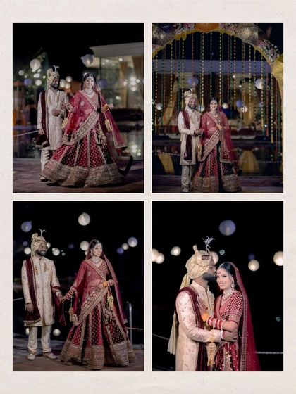 A collage of the couple's portraits from their wedding night, showcasing various poses and the beautiful outdoor lighting.
