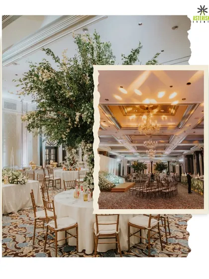 Elegant indoor reception decor with tree-like centerpieces and classic table settings, creating a sophisticated dining experience.
