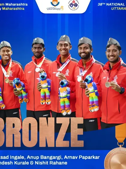 An official graphic celebrating Team Maharashtra's Bronze Medal at the 38th National Games in Uttarakhand, featuring our trainee Anup Bangargi.