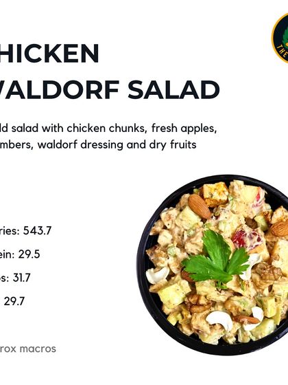 A classic with a healthy twist. My Chicken Waldorf Salad is a cold salad with chicken chunks, fresh apples, cucumbers, and dry fruits in a creamy dressing, delivering 29.5g of protein.