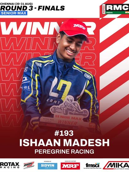 Ishaan Madesh of Peregrine Racing, the Senior Max winner of Round 3 of the 2025 National Championship.