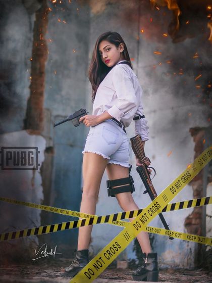 This shot combines a powerful pose with graphic overlays like the 'Do Not Cross' tape. It's an example of how I mix practical photography with digital art to build a complete story for a conceptual portrait.