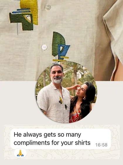 The best compliment is a happy client. This image shares a message from a customer who says her husband always gets compliments on his Artbeats shirts.