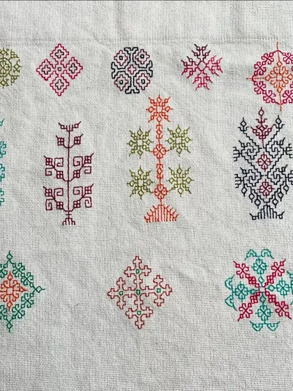 Another sampler showcasing the rich vocabulary of Kasuti motifs. These patterns have been passed down through generations and are inspired by daily life, nature, and temple architecture.