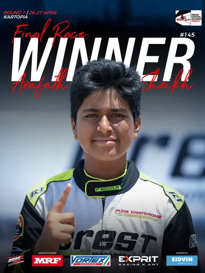 Arafath Sheikh celebrates his win in the OK Junior category at Round 1 of the Indian Karting Academy Trophy.