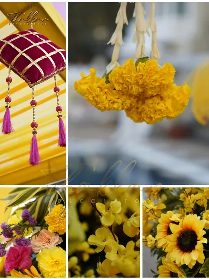 A collage of close-up shots showcasing the fine details of a yellow-themed Haldi decor, from the fresh sunflowers to the small, decorative tassels.