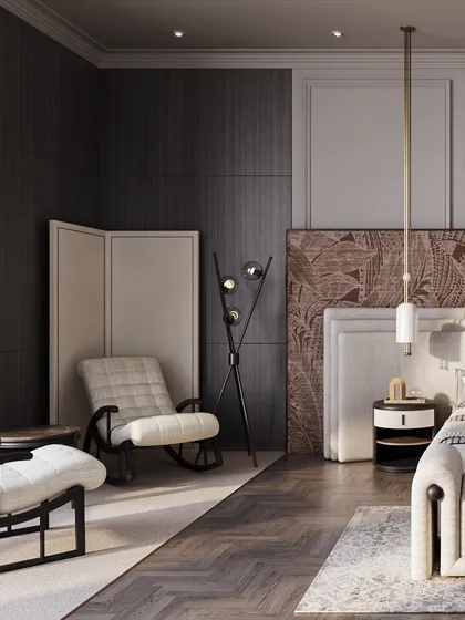 In this Ludhiana master bedroom, we created a richly layered bed-back with molded paneling, wallpaper, and a fabric headboard. The design creates a sense of quiet luxury, with every texture and detail thoughtfully considered.