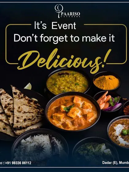 It's your event, don't forget to make it delicious. This graphic highlights our core offering: a full spread of delicious Indian dishes to make any event special.