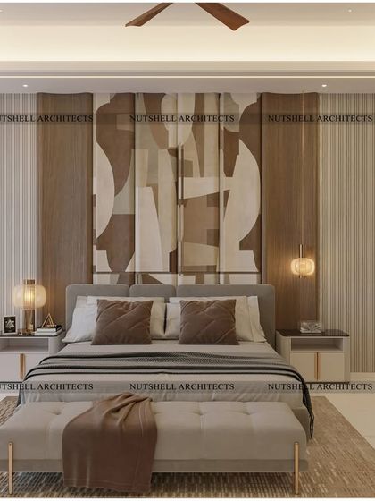 Art and elegance define this master bedroom. The statement headboard features a bookmatched veneer, where the natural wood grain creates a beautiful symmetrical pattern. On the right, wardrobe shutters are adorned with embroidered fabric for a touch of artisanal luxury.