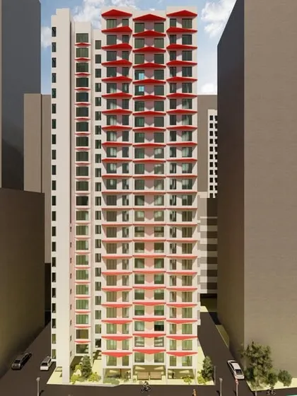 An experimental facade design for a high-rise residential building. This concept explores the use of repeating red modules to create a vibrant and rhythmic pattern across the building's exterior, showcasing our ideation process.