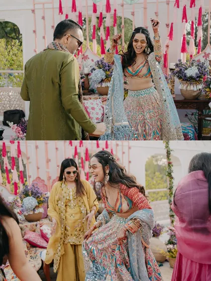A collage of candid moments from a vibrant Mehendi party. These images capture the bride's infectious energy, her joyful dances, and the happy, celebratory atmosphere of the event.