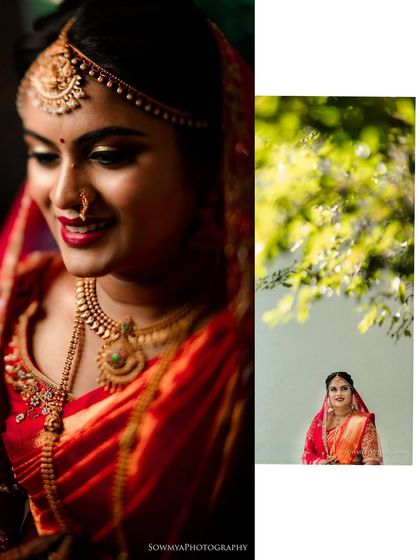 A diptych showing close-up and full-length portraits of a bride in her red wedding saree, capturing her beauty from different perspectives.