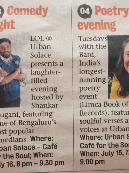 We were thrilled to be featured in the Bangalore Mirror. This clipping highlights our two landmark events: our comedy night and 'Tuesdays with the Bard', India's longest-running poetry event, as recognized by the Limca Book of Records. This is a testament to our 15-year legacy.