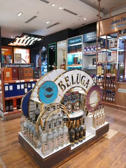 This image showcases a promotional brand activation for Beluga vodka within a larger retail space. We document these point-of-sale displays to help brands analyze their visibility and impact.