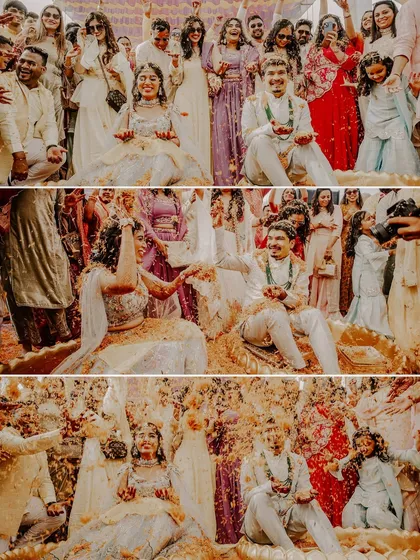 The Haldi ceremony in full swing. This collage shows the progression from the initial ritual to the joyful chaos of everyone joining in to shower Rahul and Riya with petals and turmeric.