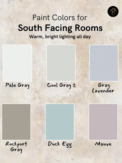 South-facing rooms are blessed with warm, bright light throughout the day. To make the most of this, I suggest using soft, cool colors like Duck Egg, Gray Lavender, or Cool Gray 2 to create a refreshing and airy atmosphere.