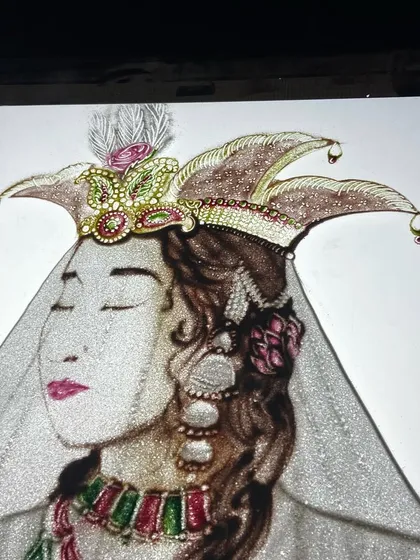 A detailed, colored sand art depiction of Anarkali from my Mughal-e-Azam project. This shows my work on cultural and historical epics, bringing legendary characters to life with intricate detail.