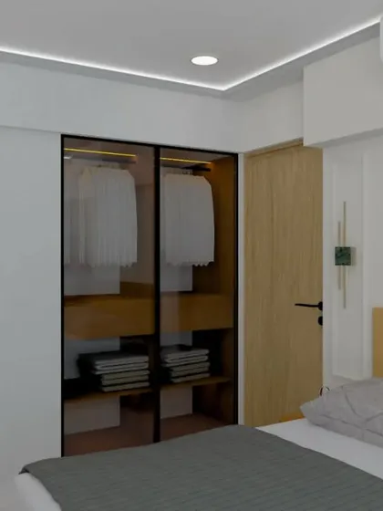 Another view of the budget-friendly bedroom concept, showing the wardrobe and door placement.