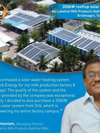 Our relationship with Sai Lakshmi Milk Products began 8 years ago when we installed a solar water heating system for their factory. Based on its exceptional performance and quality, they recently entrusted us with a 350kW rooftop solar system to power their entire campus, a testament to our long-term reliability.