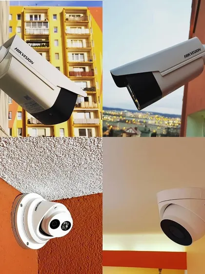 A collage showing various types of Hikvision cameras we install, including bullet and dome models for both commercial buildings and residential properties.