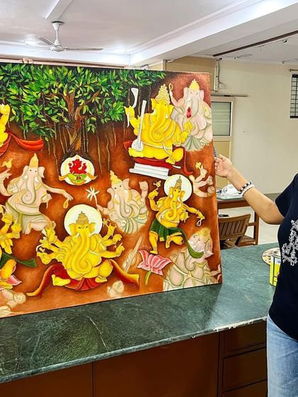 Another angle of Pooja with her magnificent Ganesha oil painting. We support our students through long-term projects, helping them bring their ambitious ideas to life.