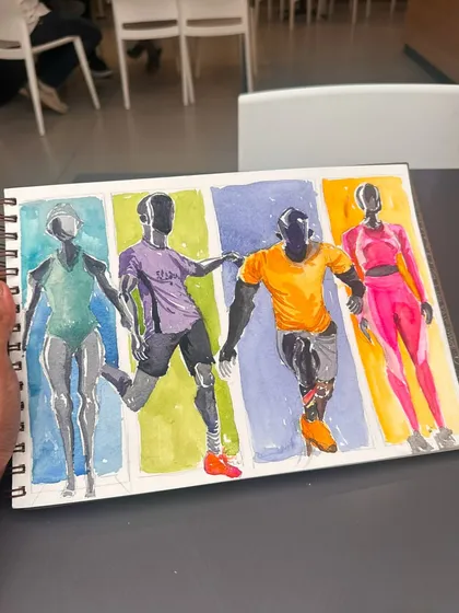 A colourful watercolour study of mannequins in athletic wear, exploring form, colour, and shadow.