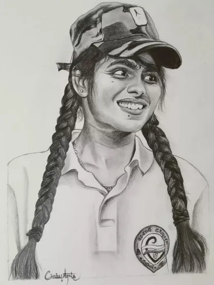 A detailed pencil portrait of the beloved Kannada content creator, Akka Anu. I focused on capturing her bright, cheerful personality and expressive smile in this commissioned artwork.