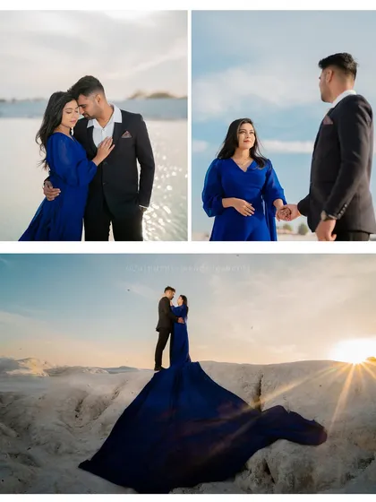 A collage from Praveen and Chaithra's shoot, featuring a magnificent blue trail gown against the white sands and setting sun. These shots are designed to be epic and unforgettable.