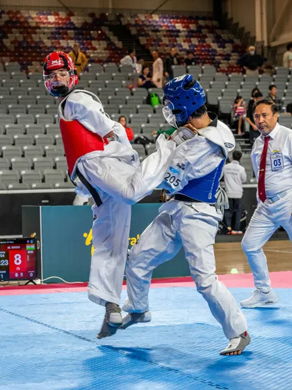 The intensity of competition. Mohit Singh focused and ready during a match at an international para-taekwondo event.