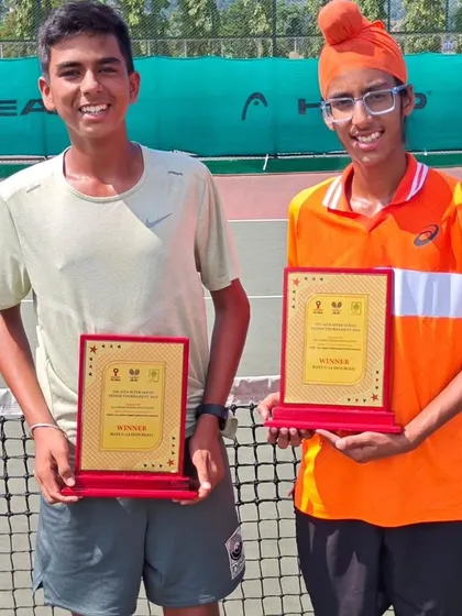 Another shot of Gurrshan and Arsh with their U14 Doubles winner's plaques from the AITA Super Series in Guwahati.