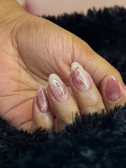 A subtle and elegant design with a sheer, shimmery base and delicate white line art.