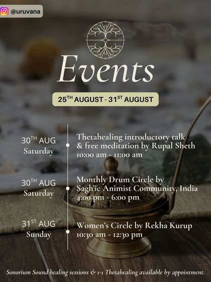 An exciting weekend awaits at the end of August. This schedule lists our free ThetaHealing introductory talk, the monthly Drum Circle, and a powerful Women's Circle facilitated by Rekha Kurup.