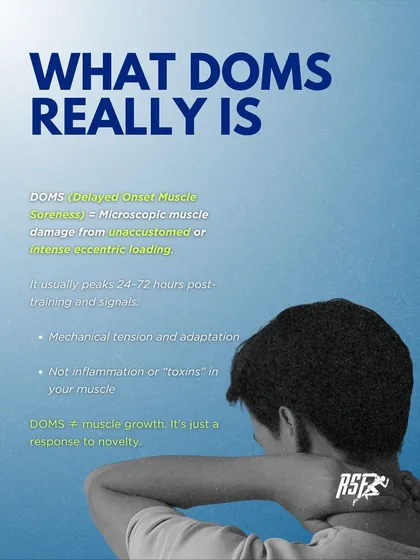 Delayed Onset Muscle Soreness (DOMS) is microscopic muscle damage from unaccustomed or intense eccentric loading. It's a response to novelty, not necessarily a sign of muscle growth.