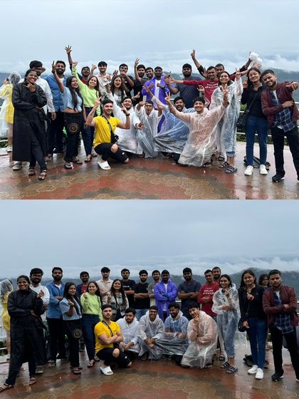 A joyful group photo on a misty day in Coorg. The weather adds to the mystical charm of the hill station.