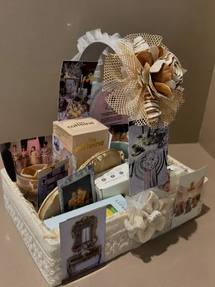 Another angle of the Bridgerton hamper, showing the careful arrangement of gifts and decorative elements that capture the show's romantic aesthetic.