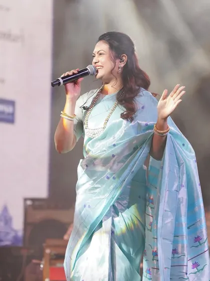 Styling Priyanka Barve for the "Soul India" concert in a dreamy pastel blue Paithani saree. The look is ethereal and perfect for a musical evening.