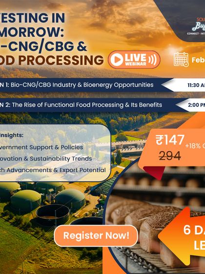 Another "6 Days Left" ad, this one promotes the dual opportunity in Bio-CNG and Food Processing. It shows images of both a biogas plant and a food production line, appealing to a wider range of manufacturing entrepreneurs.