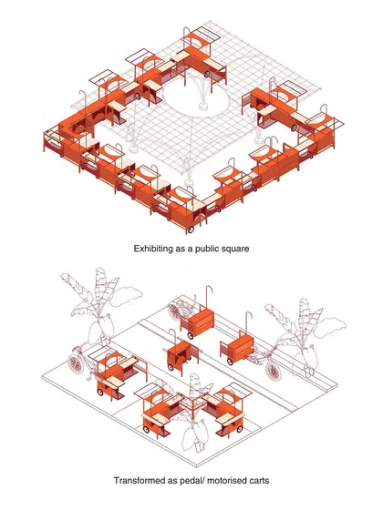 A single cart is a livelihood; a collection of carts becomes a public square. This diagram illustrates the modular potential of the Madam Narangi project, where individual units aggregate to create dynamic, community-scale markets and social spaces.