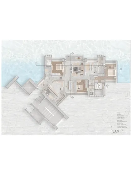 The full floor plan for 'Pad By The Bay,' showing the relationship between the interior spaces and the building's footprint, with the bay view as a constant reference point.