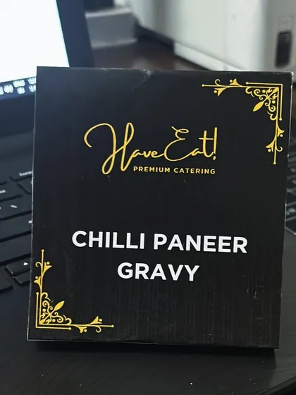 A custom-designed, elegant name tag for 'Chilli Paneer Gravy', reflecting our professional and branded approach to every detail.