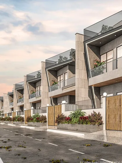 An alternative design for the Bhopal housing project, featuring angled rooflines and a mix of concrete and bamboo-like fencing for a contemporary yet natural feel.