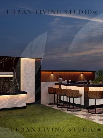 The barbecue and bar area for our East Delhi project. The design uses a stunning black and white marble-look slab as a feature wall for the grill.