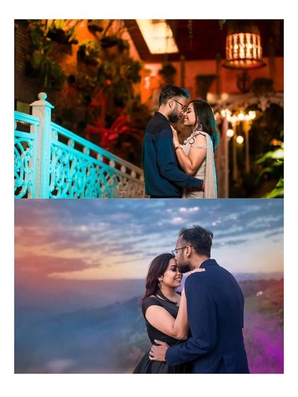 A collage showing two different moods of romance for Akash and Priya. One is a cozy, intimate moment at night, and the other is a classic romantic pose against a beautiful sunset, showcasing versatility in capturing love.
