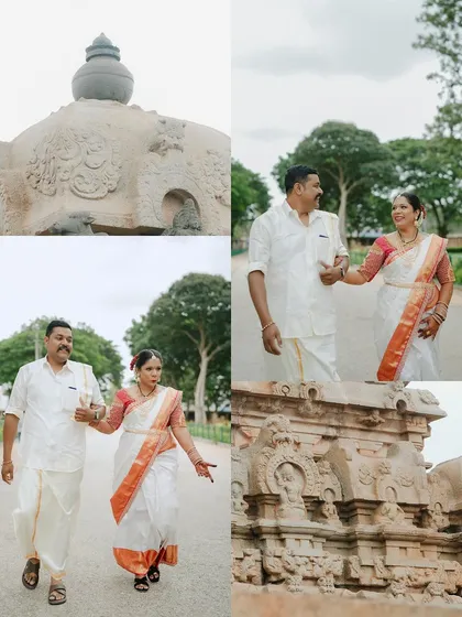 A collage that incorporates architectural details of the temple alongside photos of the couple walking hand-in-hand. This storytelling approach connects their love story to the historic location.