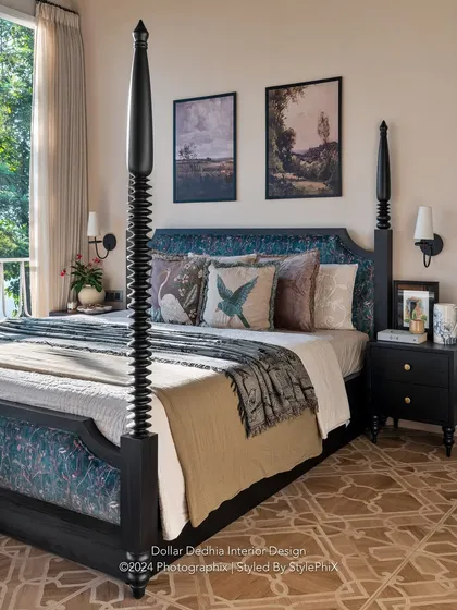 For this Panchgani villa, I designed a bedroom that feels both grand and intimate. The classic four-poster bed paired with modern styling and soft fabrics creates a perfect retreat with a view.