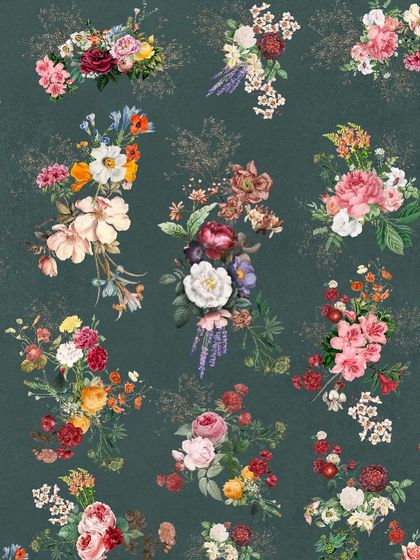 The floral wallpaper in a dark green colorway, perfect for creating a moody and botanical-themed interior.