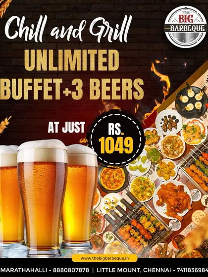 Chill and grill with our unlimited buffet and three beers at just ₹1049. It's a feast you won't forget.