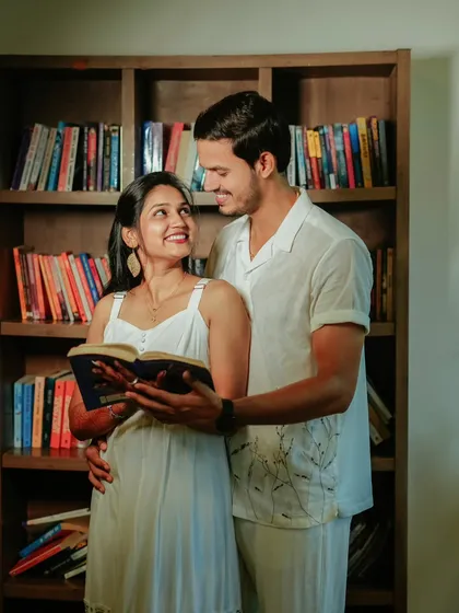 Sharing a story together. This photo from Suchita and Om Prakash's library-themed pre-wedding shoot is perfect for book-loving couples.
