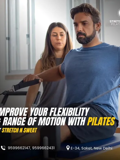 This graphic emphasizes how Pilates can improve your flexibility and range of motion, with a focus on personalized sessions in a supportive environment.